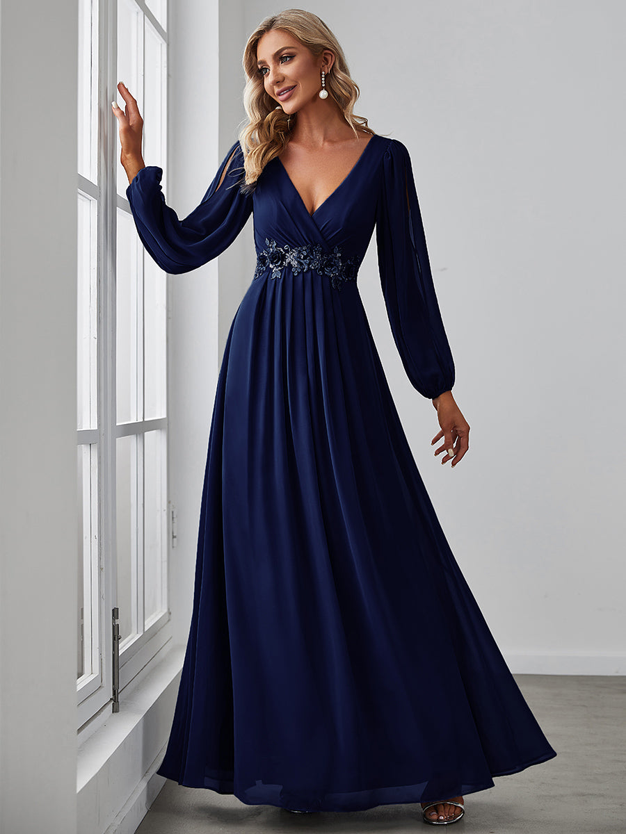 A-Linie Chiffon Lang mit Ärmel Brautmutterkleider #Farbe_Marineblau