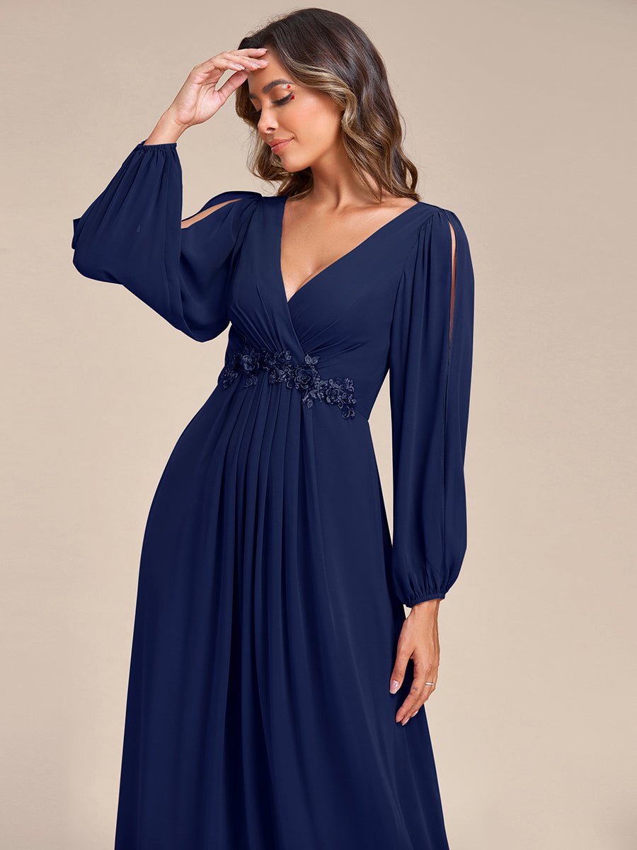 A-Linie Chiffon Lang mit Ärmel Brautmutterkleider #Farbe_Marineblau