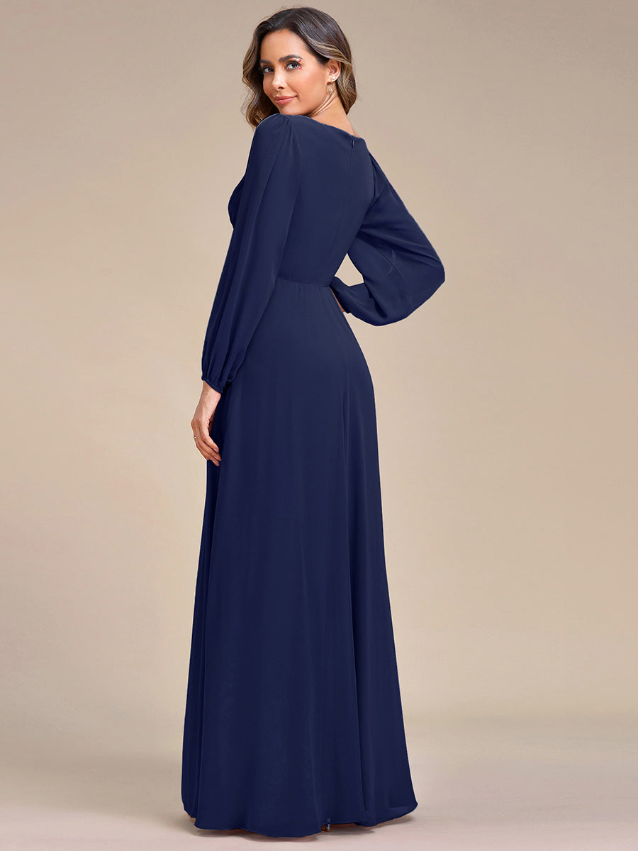 A-Linie Chiffon Lang mit Ärmel Brautmutterkleider #Farbe_Marineblau