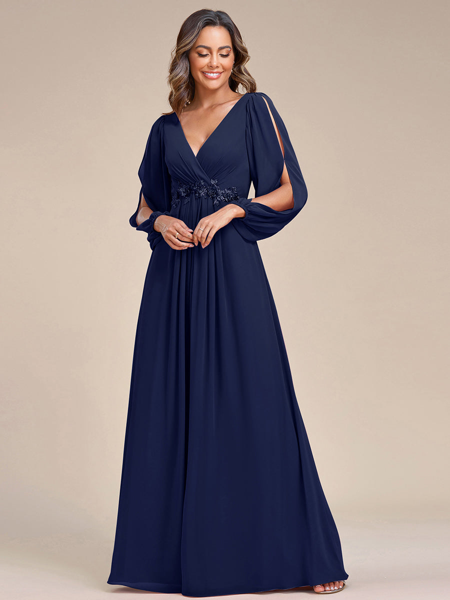 A-Linie Chiffon Lang mit Ärmel Brautmutterkleider #Farbe_Marineblau