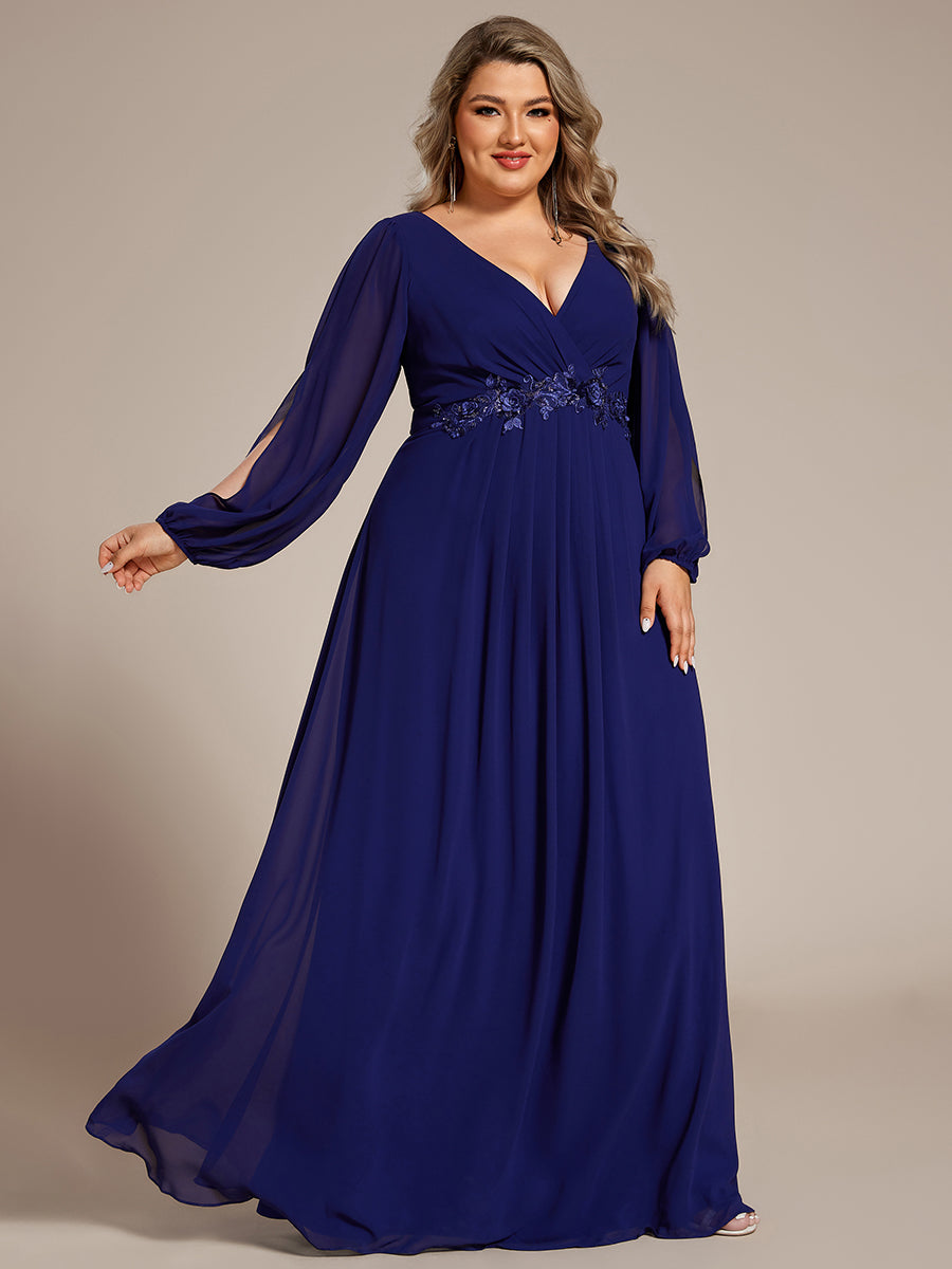 A-Linie Chiffon Lang mit Ärmel Brautmutterkleider #Farbe_Königsblau