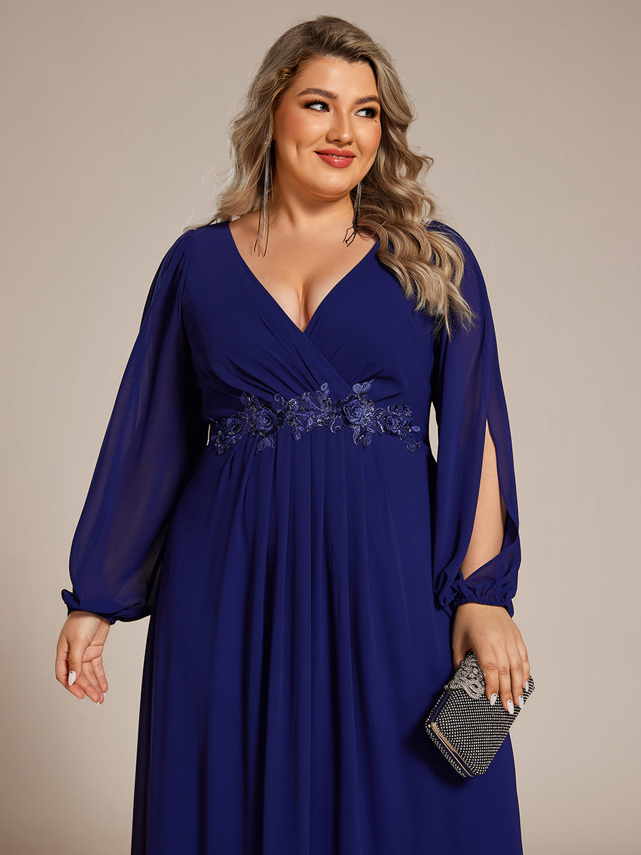 A-Linie Chiffon Lang mit Ärmel Brautmutterkleider #Farbe_Königsblau