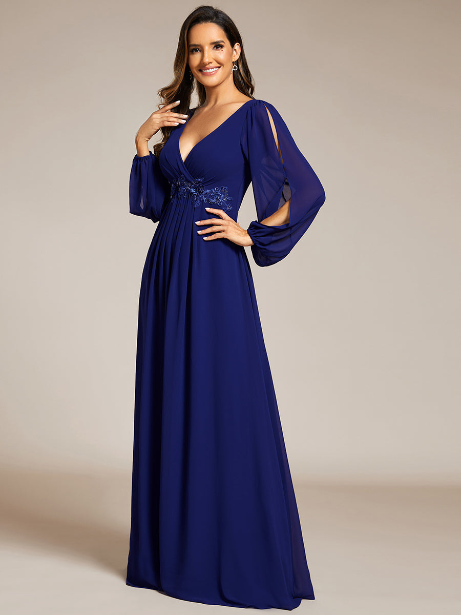 A-Linie Chiffon Lang mit Ärmel Brautmutterkleider #Farbe_Königsblau