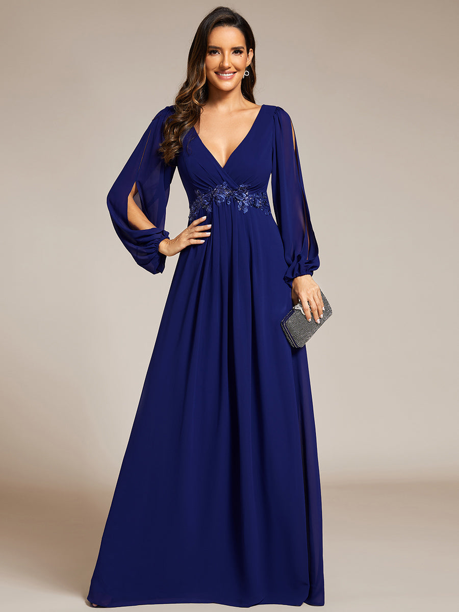 A-Linie Chiffon Lang mit Ärmel Brautmutterkleider #Farbe_Königsblau