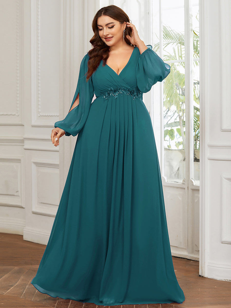 A-Linie Chiffon Lang mit Ärmel Brautmutterkleider #Farbe_Petrol