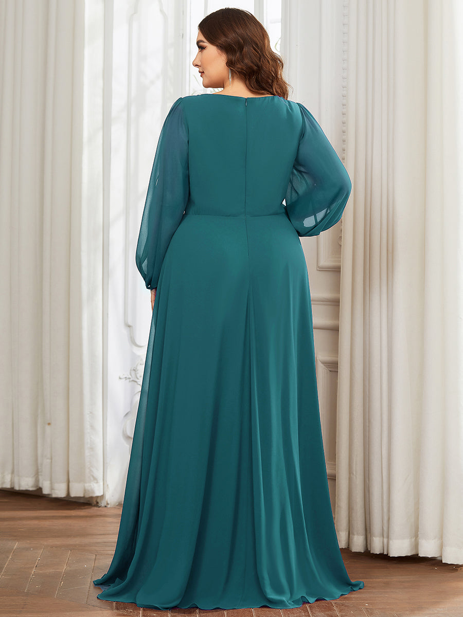 A-Linie Chiffon Lang mit Ärmel Brautmutterkleider #Farbe_Petrol