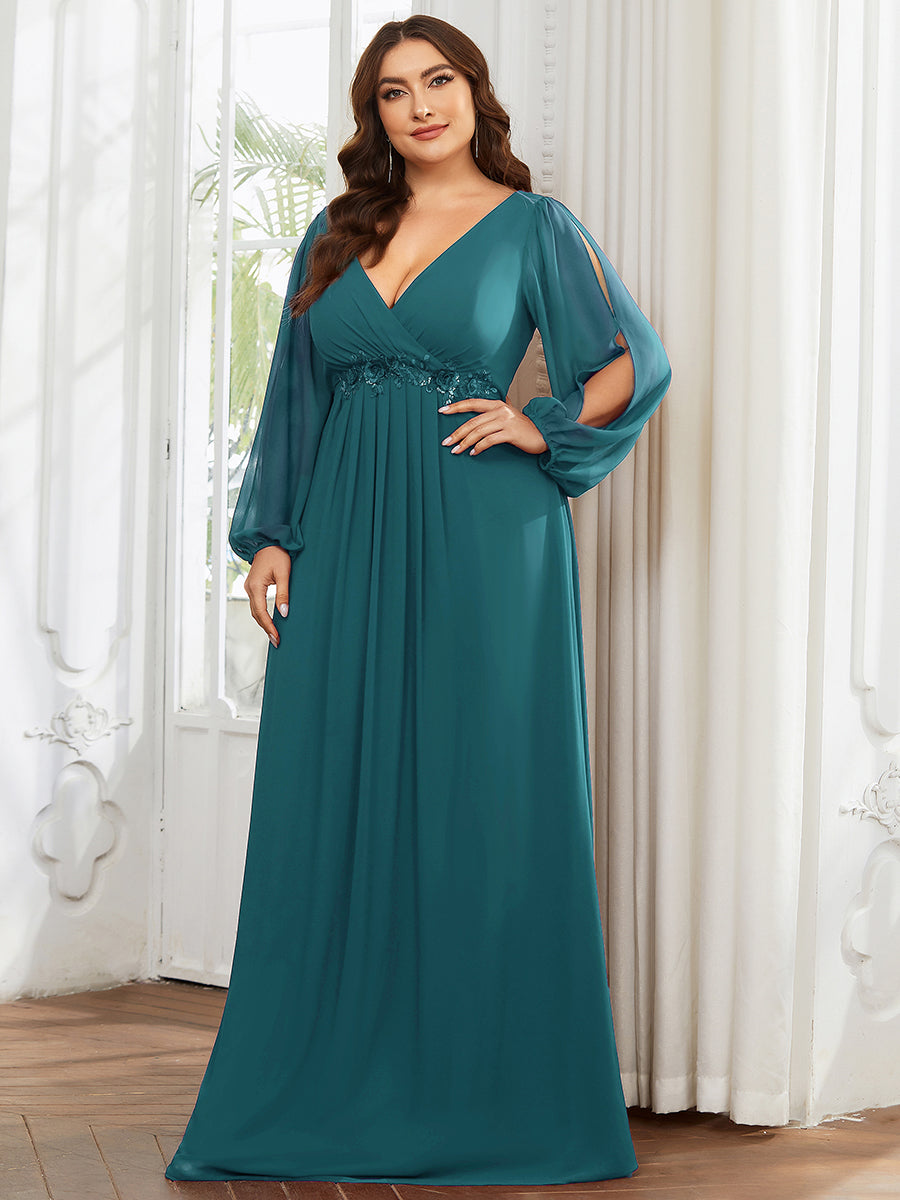 A-Linie Chiffon Lang mit Ärmel Brautmutterkleider #Farbe_Petrol
