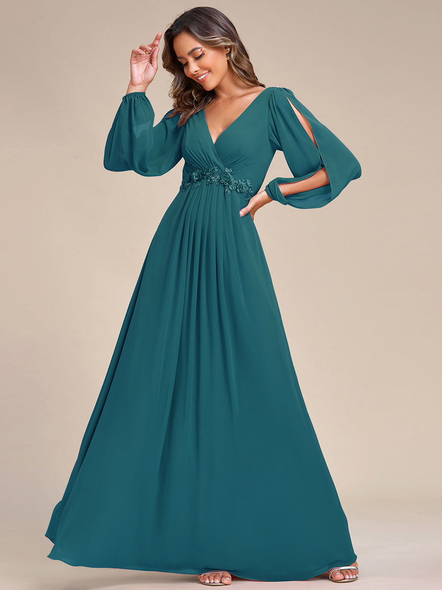 A-Linie Chiffon Lang mit Ärmel Brautmutterkleider #Farbe_Petrol