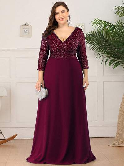 Übergrößen Bodenlanger V-Ausschnitt A-Linie Pailletten Kleid Mit Durchsichtigen Patchwork Details #Farbe_Burgunderrot