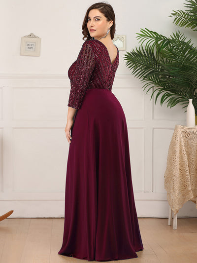 Übergrößen Bodenlanger V-Ausschnitt A-Linie Pailletten Kleid Mit Durchsichtigen Patchwork Details #Farbe_Burgunderrot