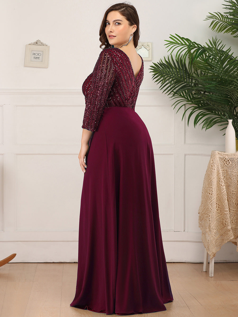 Übergrößen Bodenlanger V-Ausschnitt A-Linie Pailletten Kleid Mit Durchsichtigen Patchwork Details #Farbe_Burgunderrot