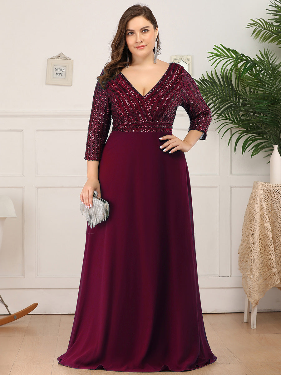 Übergrößen Bodenlanger V-Ausschnitt A-Linie Pailletten Kleid Mit Durchsichtigen Patchwork Details #Farbe_Burgunderrot