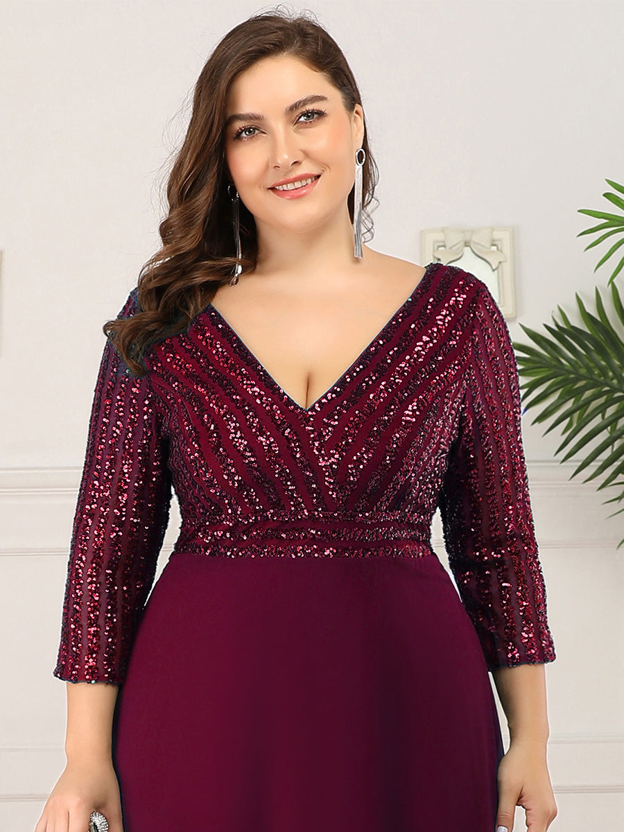 Übergrößen Bodenlanger V-Ausschnitt A-Linie Pailletten Kleid Mit Durchsichtigen Patchwork Details #Farbe_Burgunderrot