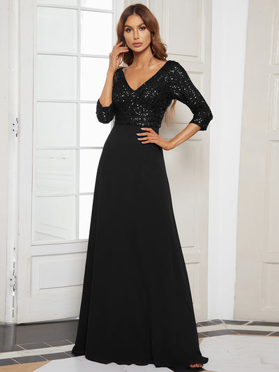 Übergrößen Bodenlanger V-Ausschnitt A-Linie Pailletten Kleid Mit Durchsichtigen Patchwork Details #Farbe_Schwarz