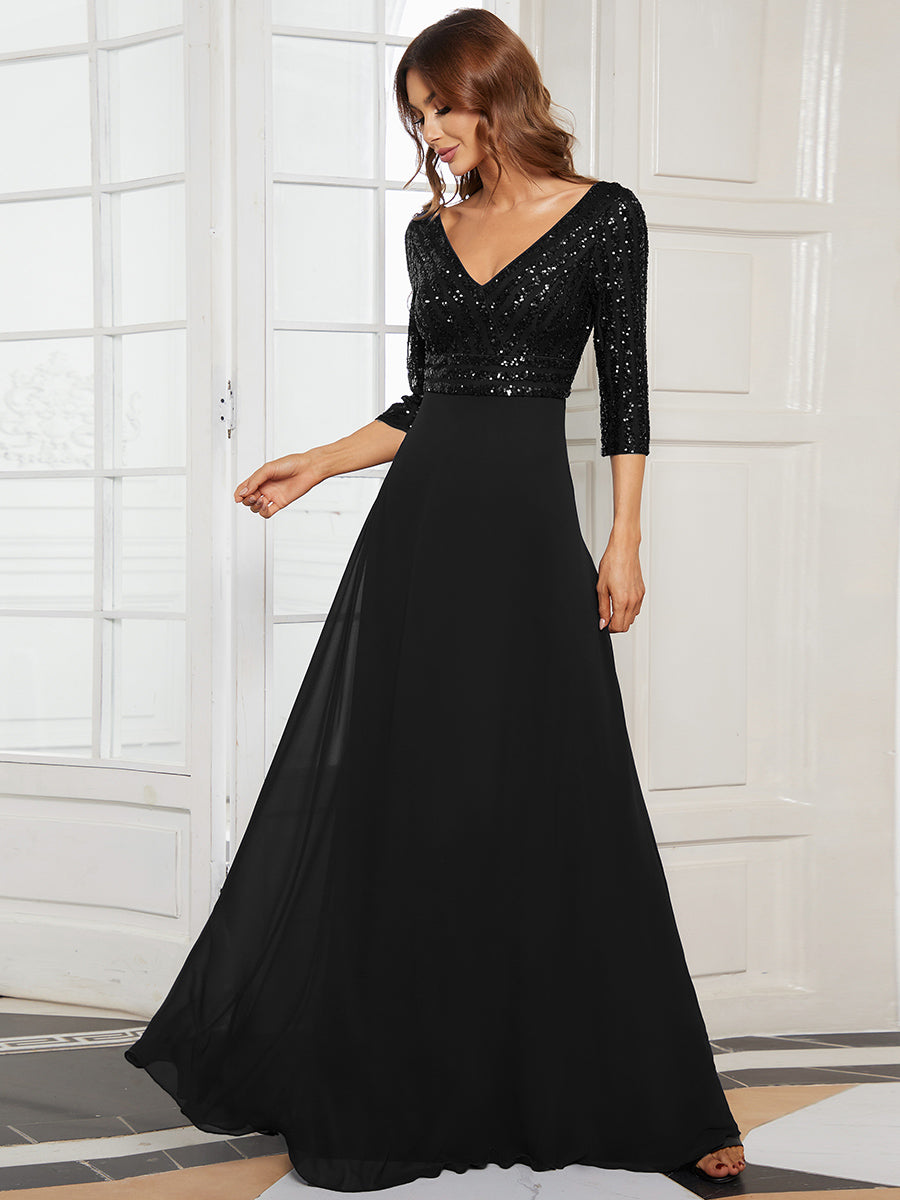 Übergrößen Bodenlanger V-Ausschnitt A-Linie Pailletten Kleid Mit Durchsichtigen Patchwork Details #Farbe_Schwarz