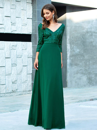 Übergrößen Bodenlanger V-Ausschnitt A-Linie Pailletten Kleid Mit Durchsichtigen Patchwork Details #Farbe_Dunkelgrün