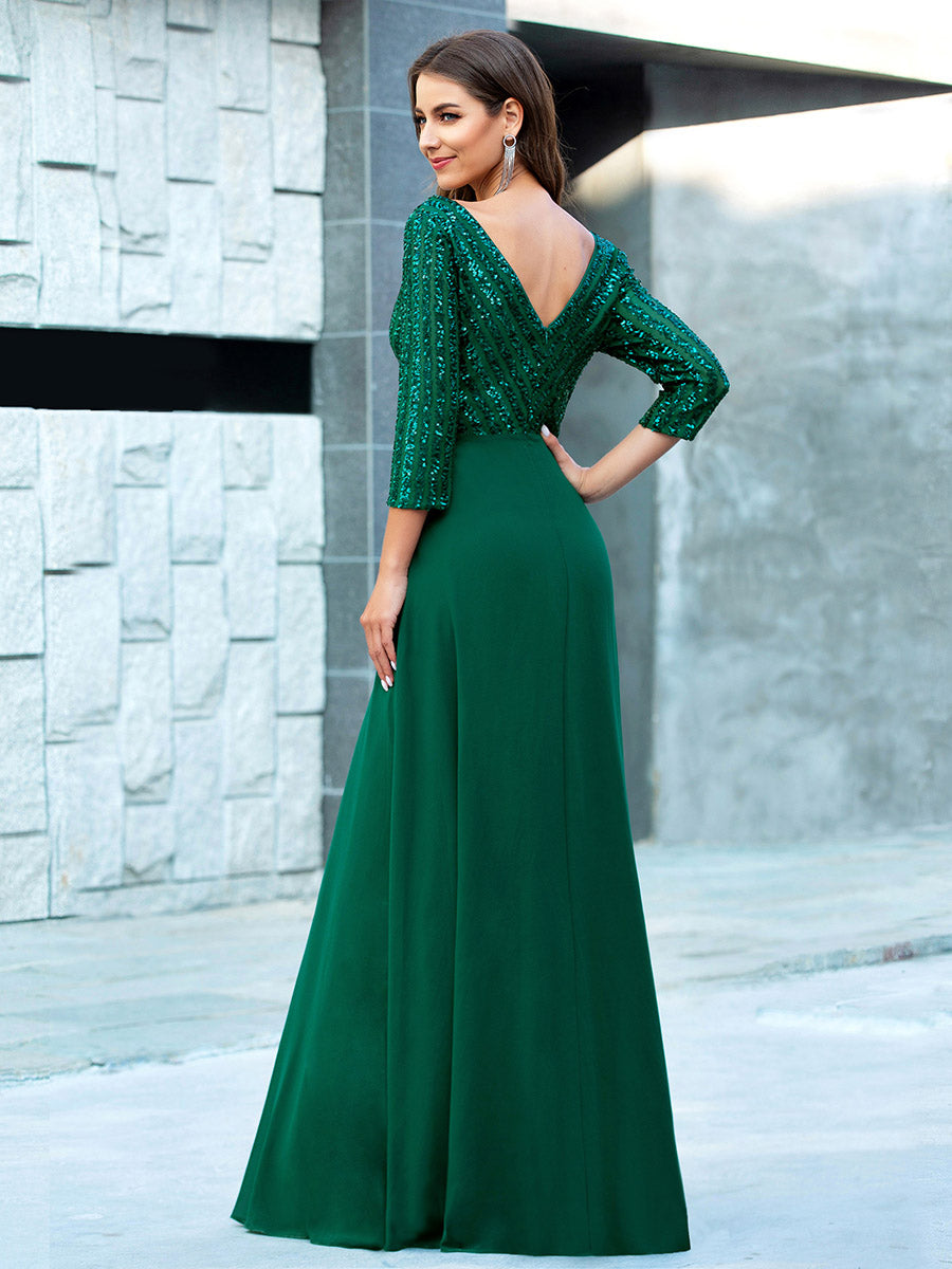 Übergrößen Bodenlanger V-Ausschnitt A-Linie Pailletten Kleid Mit Durchsichtigen Patchwork Details #Farbe_Dunkelgrün