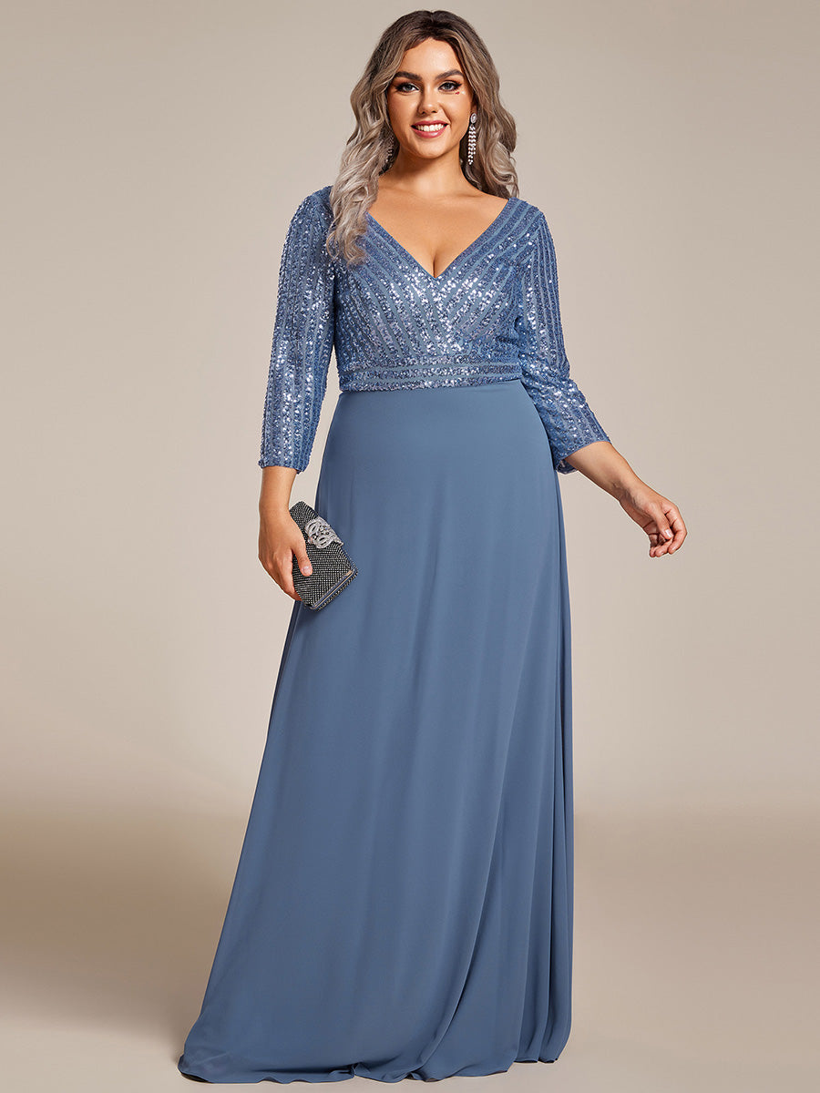 Übergrößen Bodenlanger V-Ausschnitt A-Linie Pailletten Kleid Mit Durchsichtigen Patchwork Details #Farbe_Taubenblau