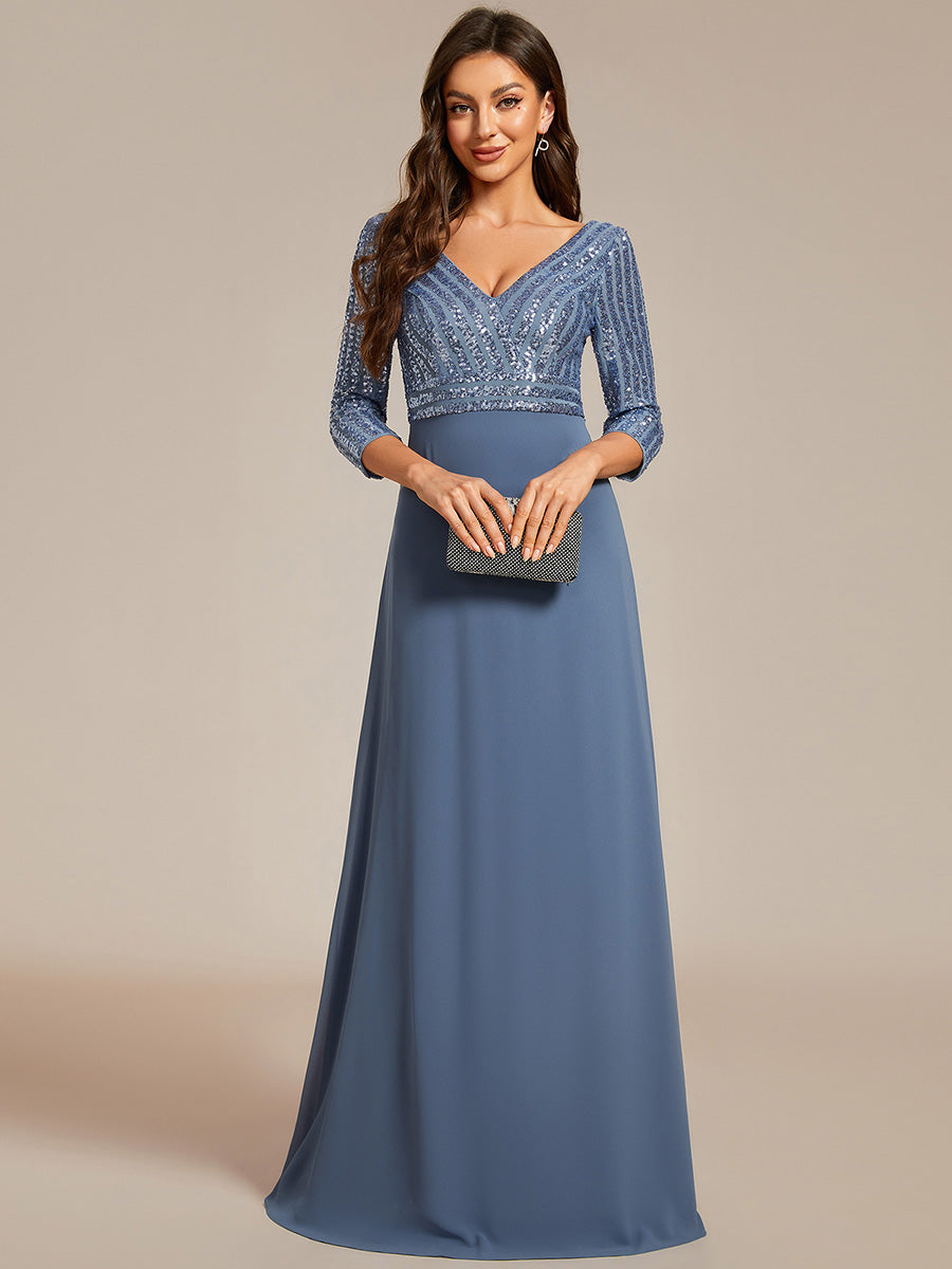 Übergrößen Bodenlanger V-Ausschnitt A-Linie Pailletten Kleid Mit Durchsichtigen Patchwork Details #Farbe_Taubenblau