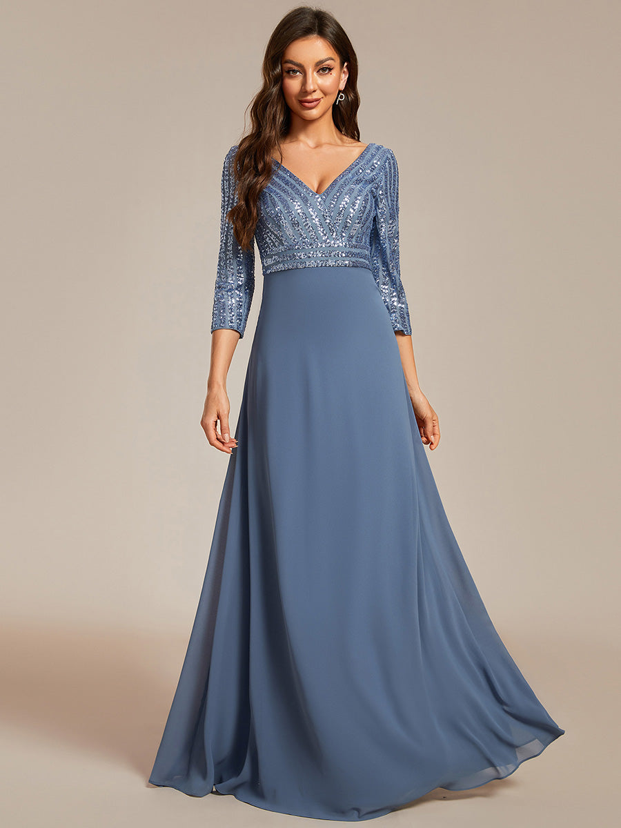 Übergrößen Bodenlanger V-Ausschnitt A-Linie Pailletten Kleid Mit Durchsichtigen Patchwork Details #Farbe_Taubenblau