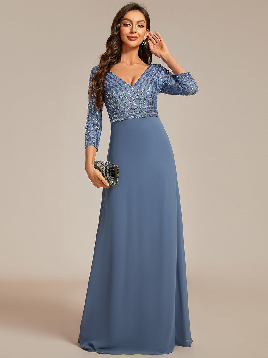Übergrößen Bodenlanger V-Ausschnitt A-Linie Pailletten Kleid Mit Durchsichtigen Patchwork Details #Farbe_Taubenblau