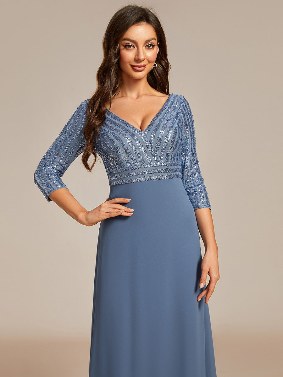 Übergrößen Bodenlanger V-Ausschnitt A-Linie Pailletten Kleid Mit Durchsichtigen Patchwork Details #Farbe_Taubenblau