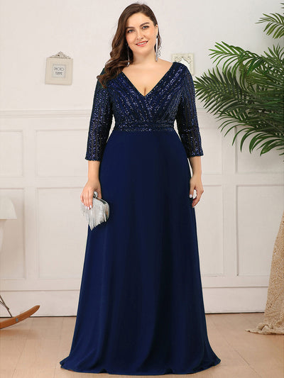 Übergrößen Bodenlanger V-Ausschnitt A-Linie Pailletten Kleid Mit Durchsichtigen Patchwork Details #Farbe_Marineblau