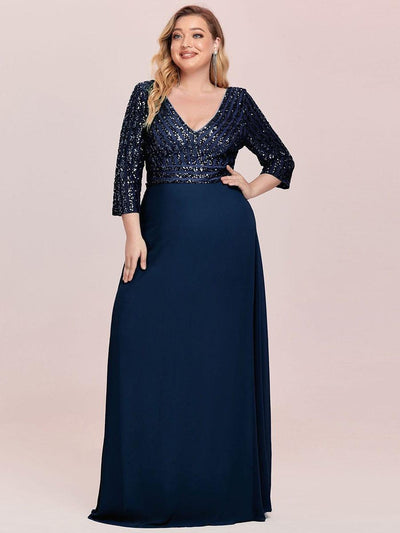 Übergrößen Bodenlanger V-Ausschnitt A-Linie Pailletten Kleid Mit Durchsichtigen Patchwork Details #Farbe_Marineblau