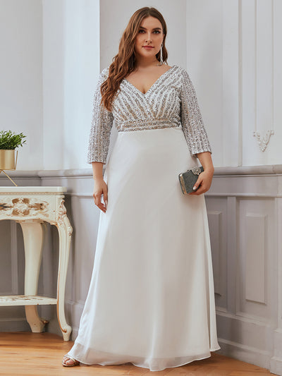 Übergrößen Bodenlanger V-Ausschnitt A-Linie Pailletten Kleid Mit Durchsichtigen Patchwork Details #Farbe_Weiß
