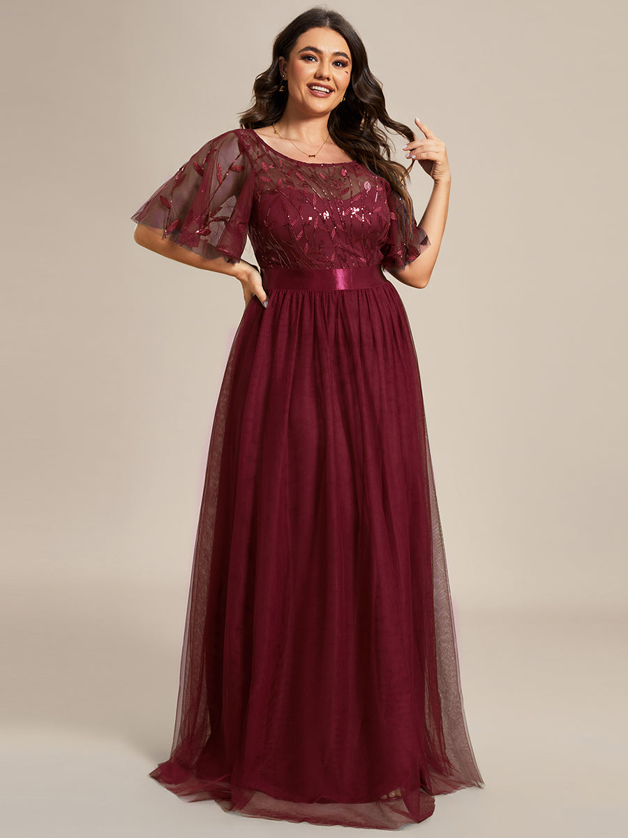 Damen A-Line Kurzarm Bodenlanges Abendkleid 00904 #farbe_Burgunderrot