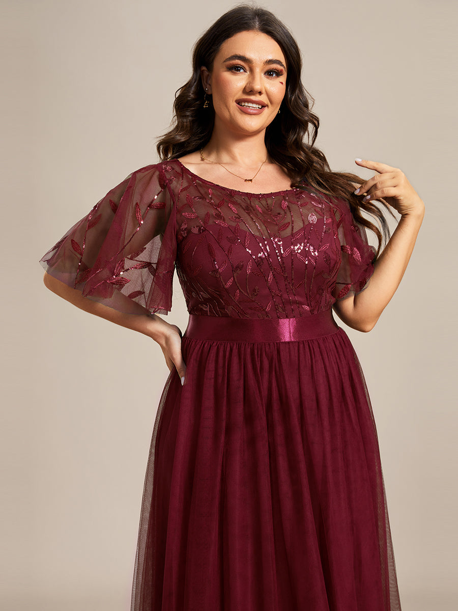 Damen A-Line Kurzarm Stickerei Bodenlanges Abendkleid #Farbe_Burgunderrot