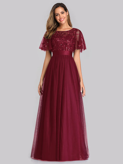Damen A-Line Kurzarm Stickerei Bodenlanges Abendkleid #Farbe_Burgunderrot
