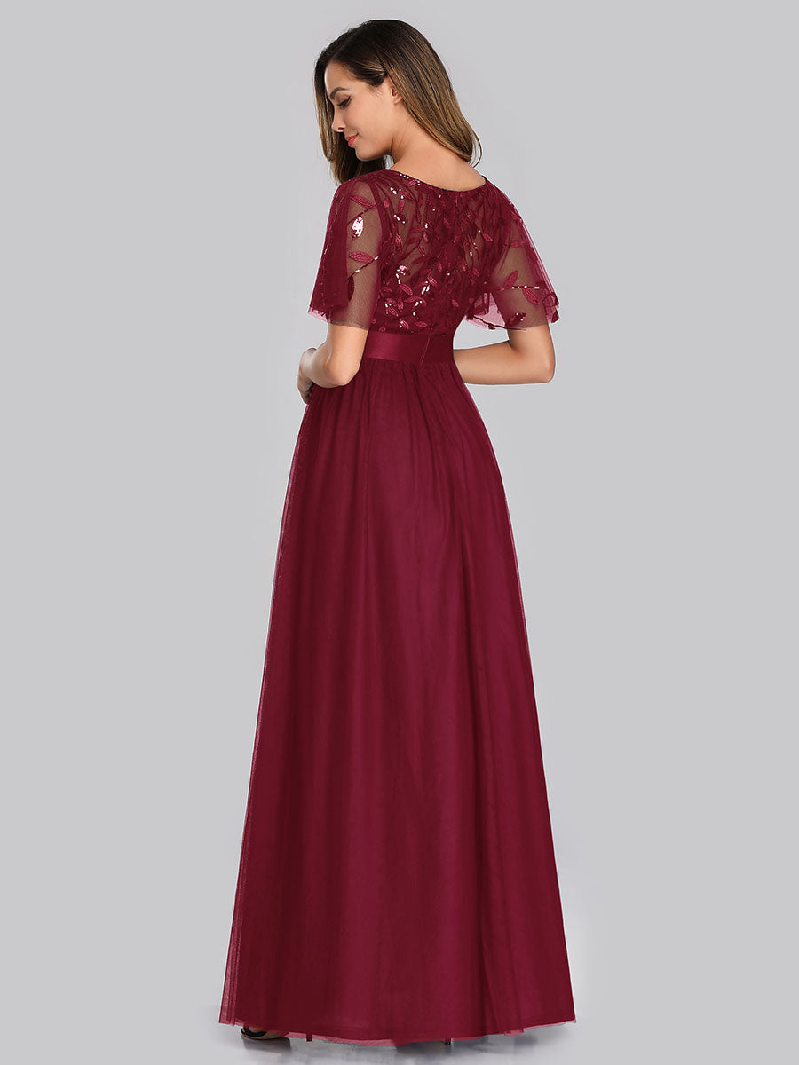Damen A-Line Kurzarm Stickerei Bodenlanges Abendkleid #Farbe_Burgunderrot