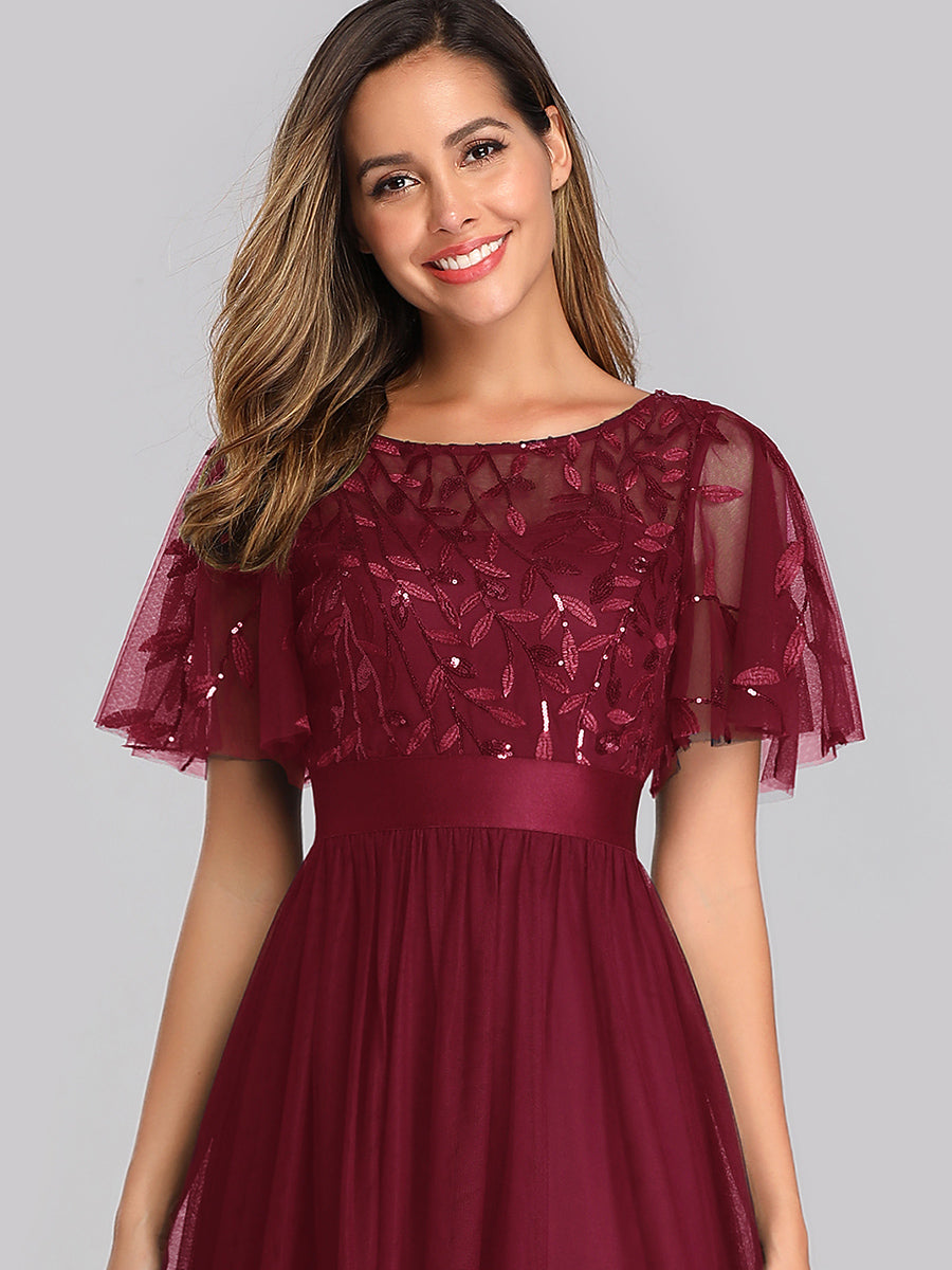 Damen A-Line Kurzarm Stickerei Bodenlanges Abendkleid #Farbe_Burgunderrot