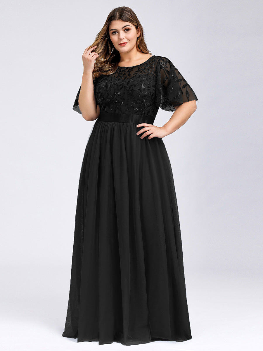 Damen A-Line Kurzarm Stickerei Bodenlanges Abendkleid #Farbe_Schwarz