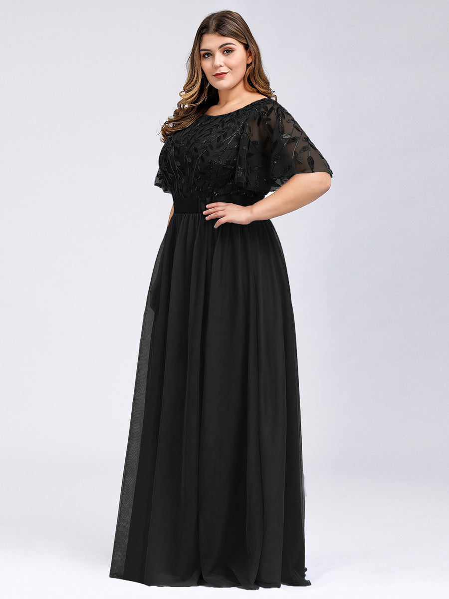 Damen A-Line Kurzarm Bodenlanges Abendkleid 00904 #farbe_Schwarz