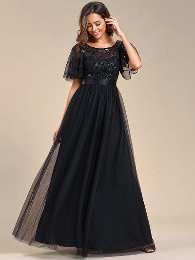 Damen A-Line Kurzarm Stickerei Bodenlanges Abendkleid #Farbe_Schwarz