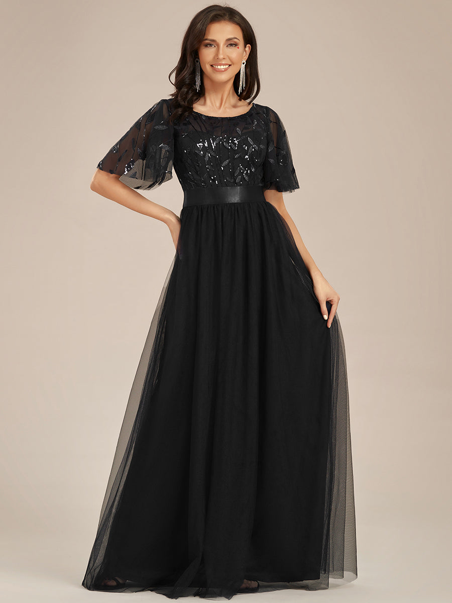 Damen A-Line Kurzarm Bodenlanges Abendkleid 00904 #farbe_Schwarz