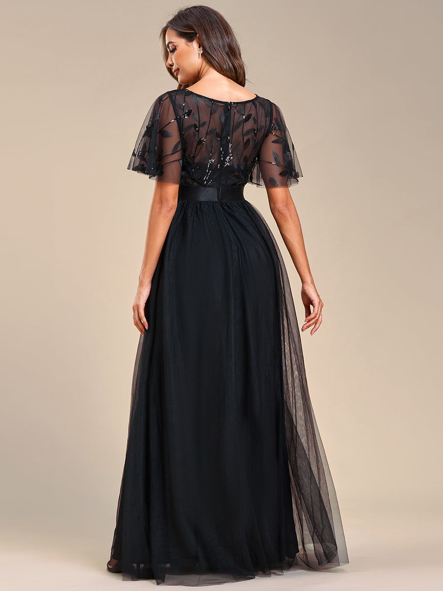 Damen A-Line Kurzarm Bodenlanges Abendkleid 00904 #farbe_Schwarz