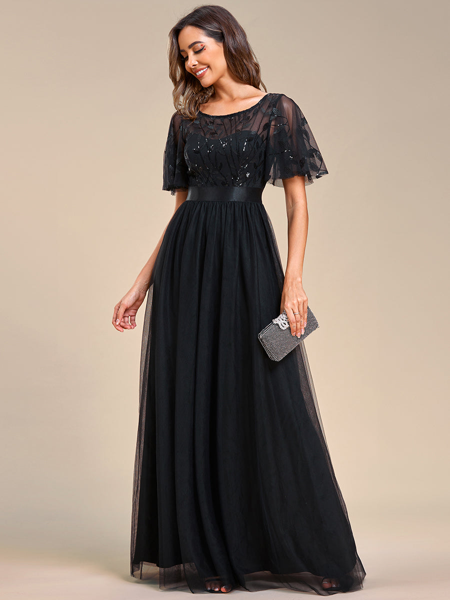 Damen A-Line Kurzarm Bodenlanges Abendkleid 00904 #farbe_Schwarz