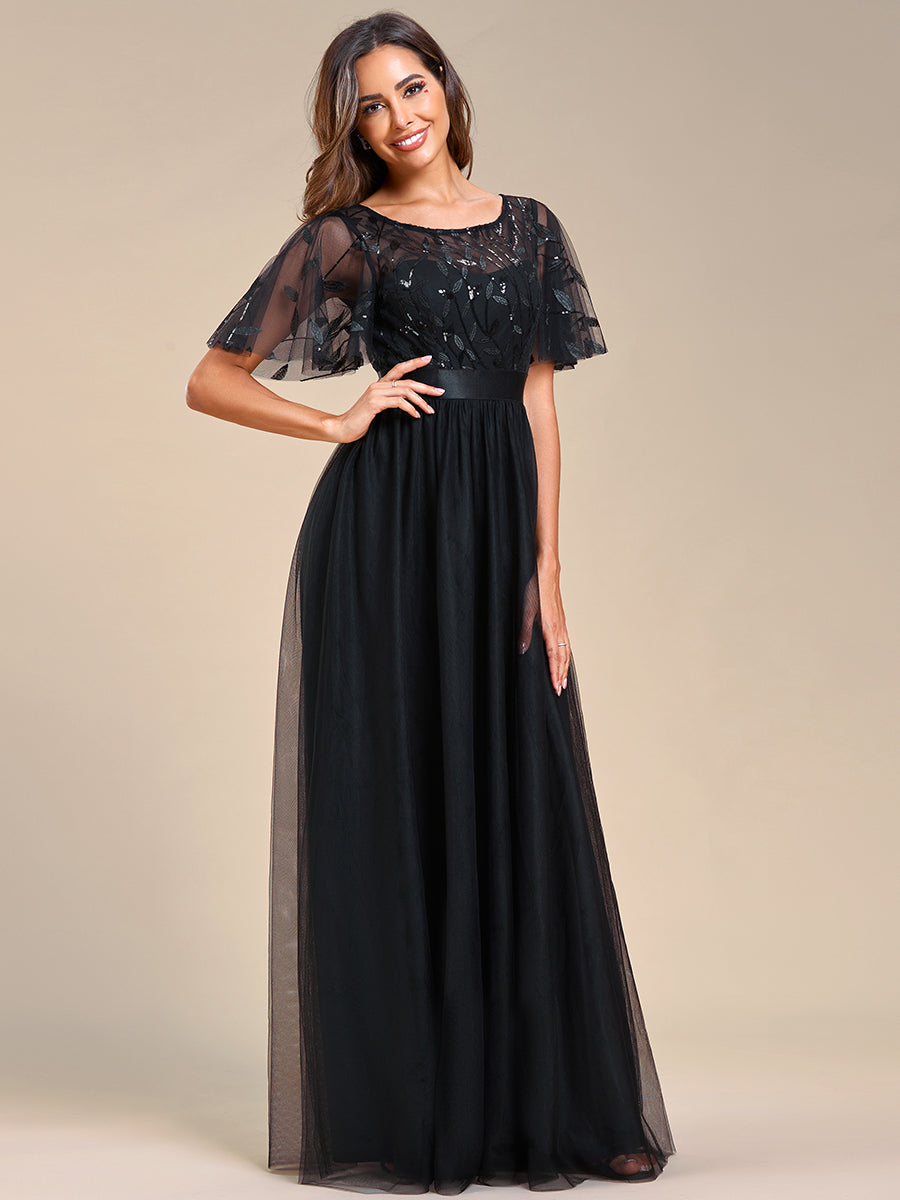 Damen A-Line Kurzarm Stickerei Bodenlanges Abendkleid #Farbe_Schwarz