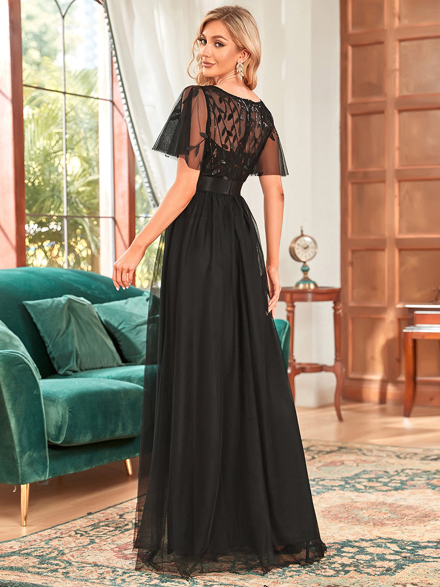 Damen A-Line Kurzarm Stickerei Bodenlanges Abendkleid #Farbe_Schwarz
