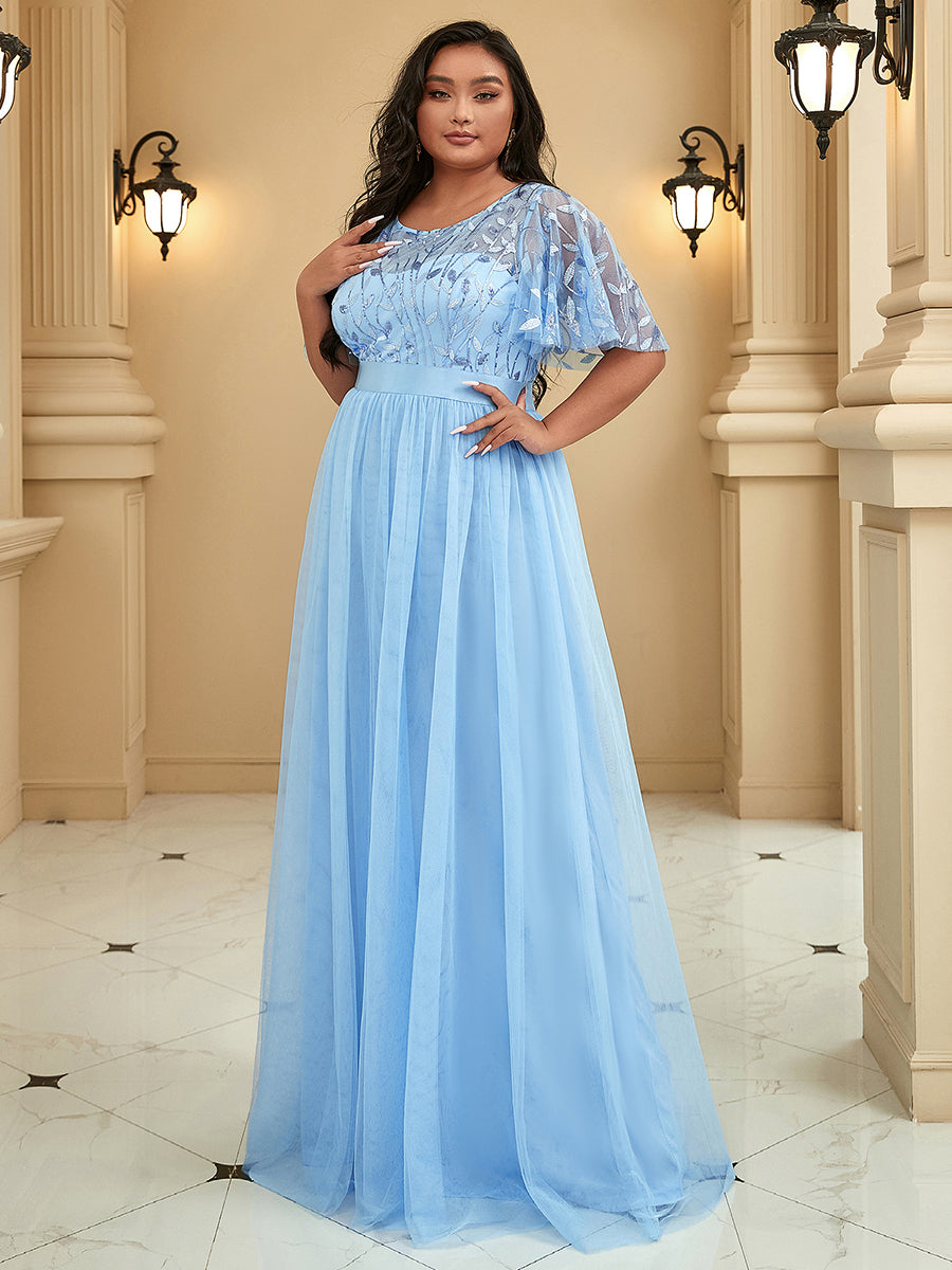 Damen A-Line Kurzarm Stickerei Bodenlanges Abendkleid #Farbe_Himmelblau
