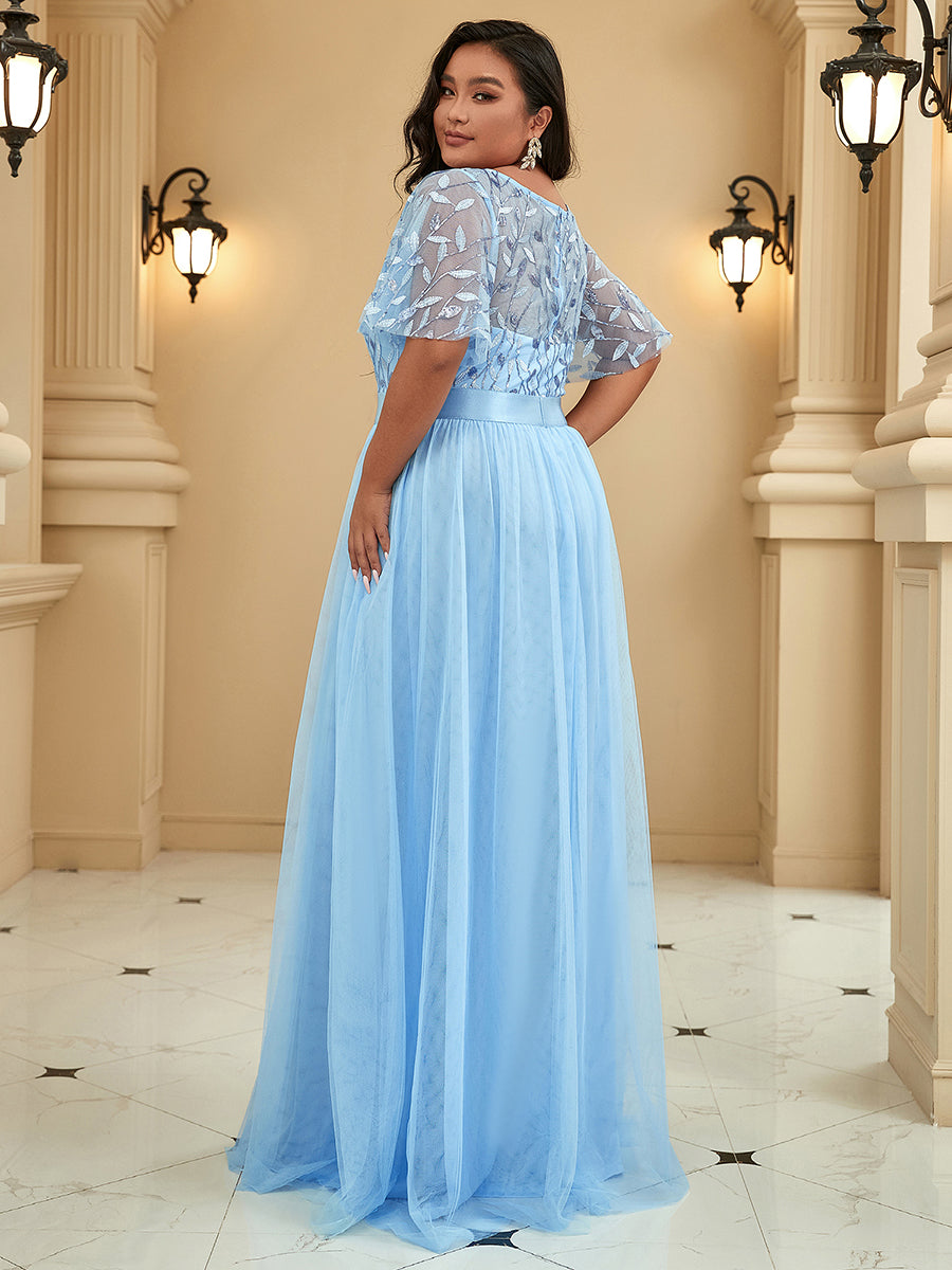 Damen A-Line Kurzarm Stickerei Bodenlanges Abendkleid #Farbe_Himmelblau