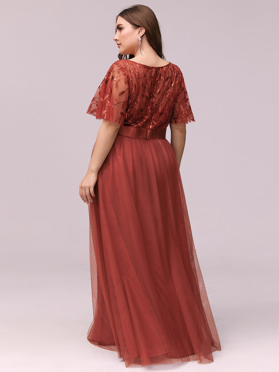Damen A-Line Kurzarm Stickerei Bodenlanges Abendkleid #Farbe_Gebranntes Orange