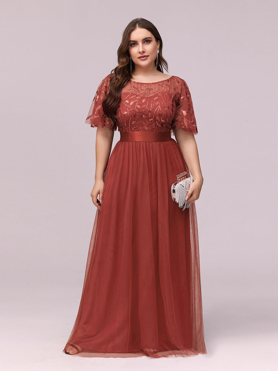 Damen A-Line Kurzarm Stickerei Bodenlanges Abendkleid #Farbe_Gebranntes Orange
