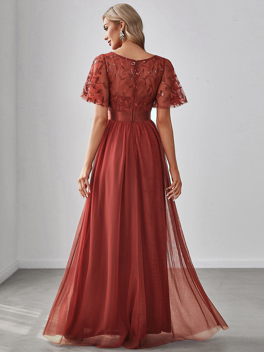 Damen A-Line Kurzarm Bodenlanges Abendkleid 00904 #farbe_Gebranntes Orange