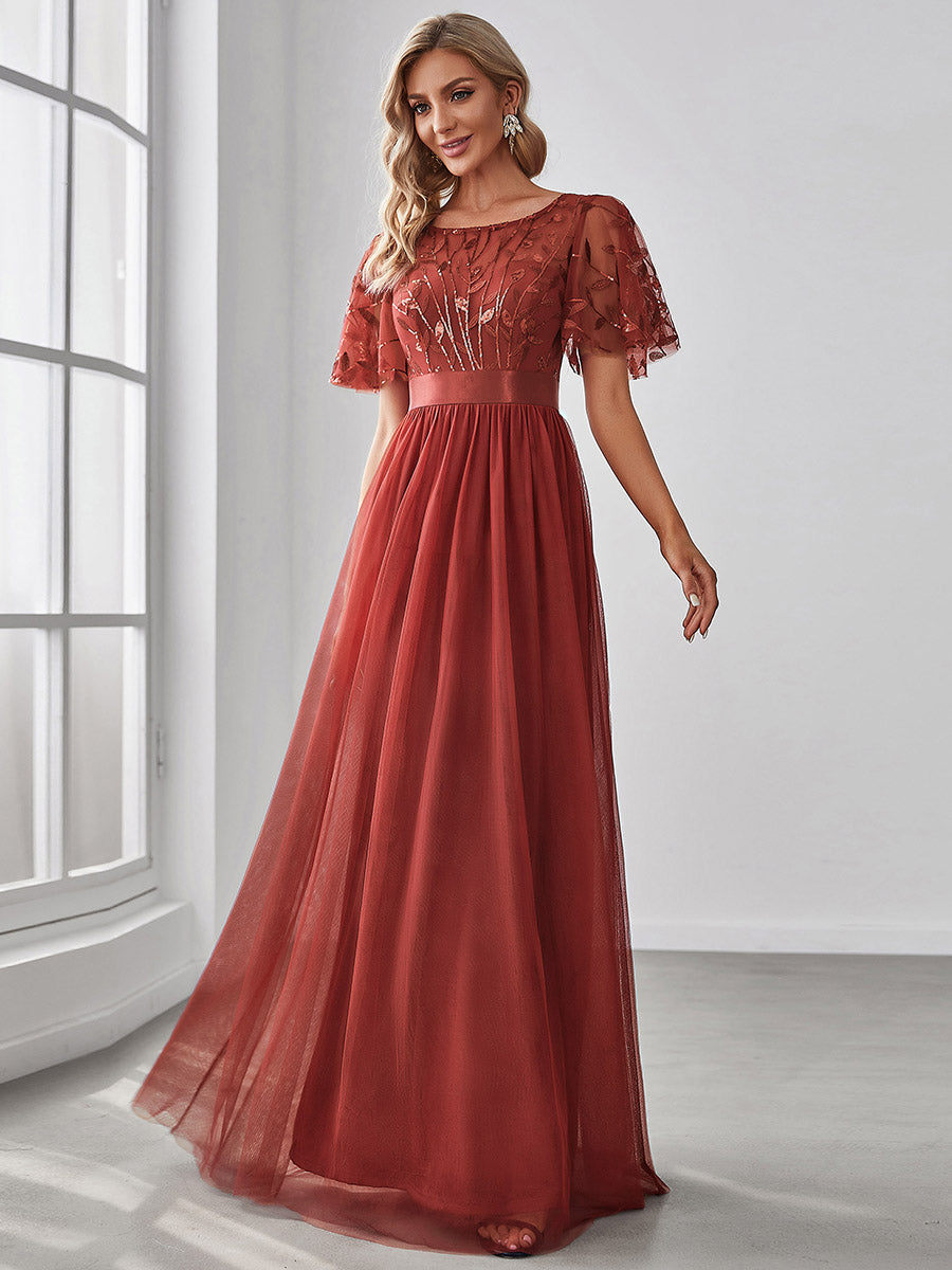 Damen A-Line Kurzarm Stickerei Bodenlanges Abendkleid #Farbe_Gebranntes Orange