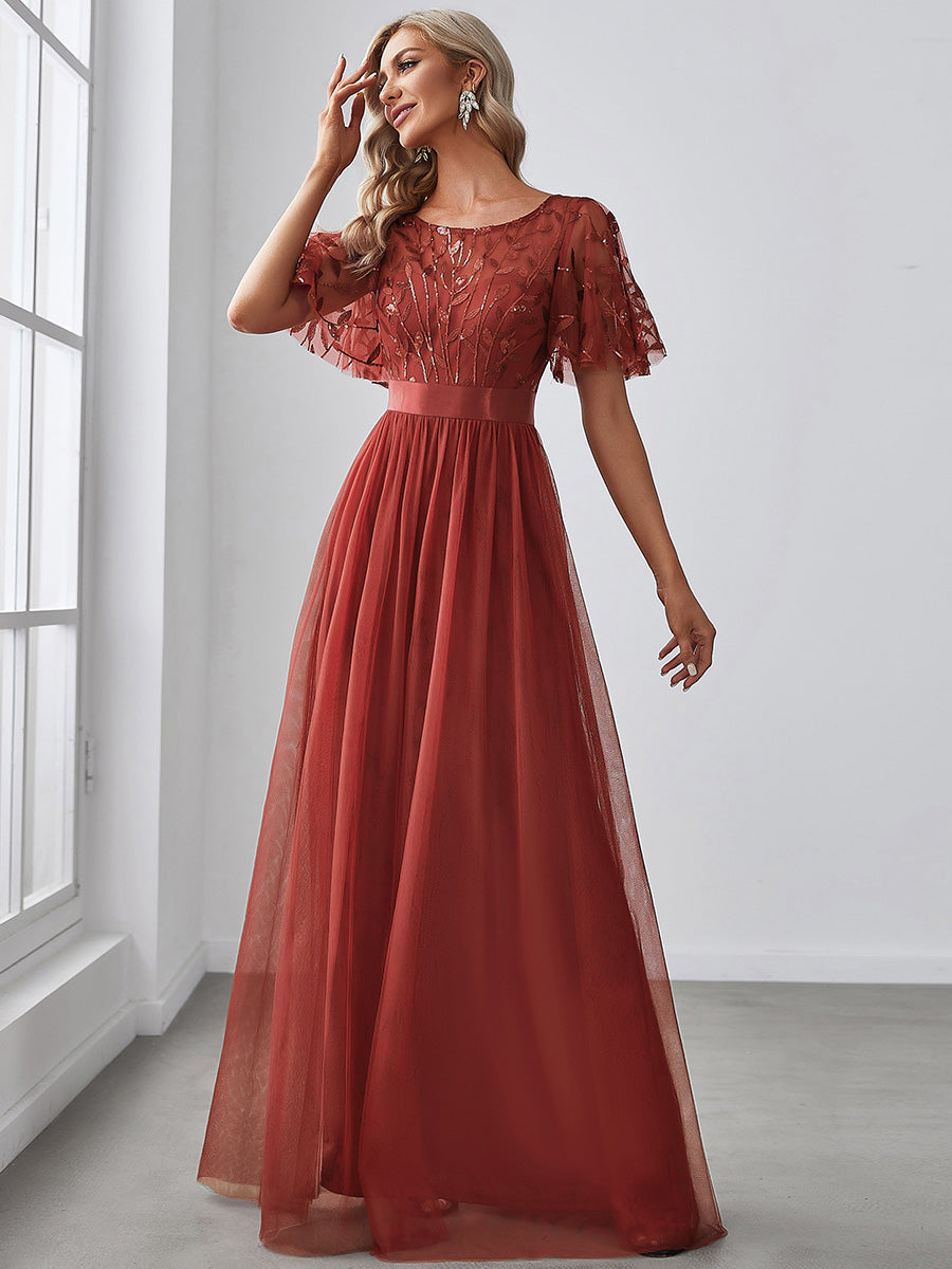 Damen A-Line Kurzarm Stickerei Bodenlanges Abendkleid #Farbe_Gebranntes Orange