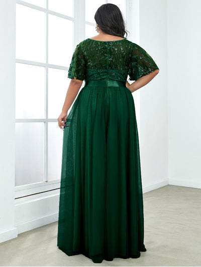 Damen A-Line Kurzarm Bodenlanges Abendkleid 00904 #farbe_Dunkelgrün